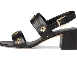 Heels|Sandals|Kate Spade New York Spade Flower Stud Pebbled Leather Block Heel Sandals Black