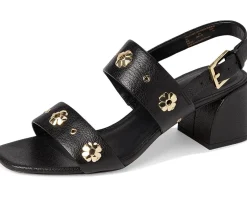 Heels|Sandals|Kate Spade New York Spade Flower Stud Pebbled Leather Block Heel Sandals Black