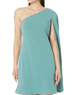 Adrianna Papell Dresses|Dresses<Stretch Crepe One Shoulder Sheath Dress with Cape Detail Green Slate