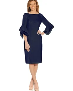 Adrianna Papell Dresses|Dresses<Stretch Knit Crepe Sheath Dress with Tiered Organza Bell Sleeve Navy Sateen