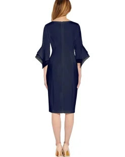 Adrianna Papell Dresses|Dresses<Stretch Knit Crepe Sheath Dress with Tiered Organza Bell Sleeve Navy Sateen