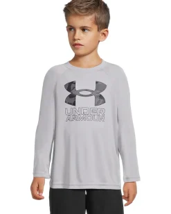 Clothing|Under Armour Kids Tech Hybrid Print Long Sleeve (Big Kids) Mod Gray/Black