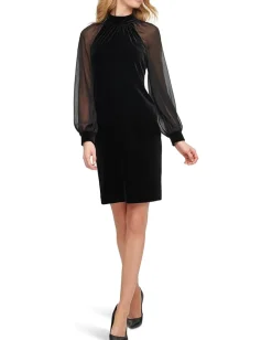 Women Calvin Klein Velvet Sheath Dress with Reglan Sheer Sleeves with Cuffs