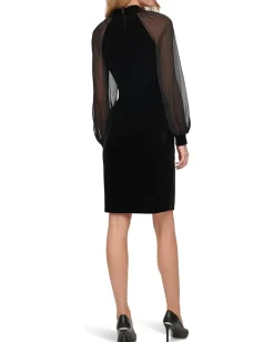 Women Calvin Klein Velvet Sheath Dress with Reglan Sheer Sleeves with Cuffs