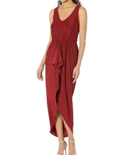 Women Calvin Klein V-Neck Glitter Knit Gown with Ruched Front