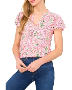 CeCe V-Neck Shirred Flutter Sleeve Blouse New Ivory Outlet